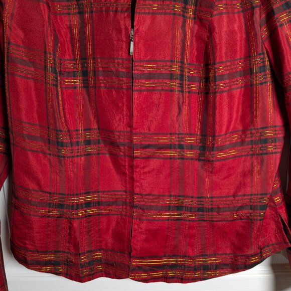 Coldwater Creek Women's Silk Red Gold Metallic Plaid Top Zip Front Petite Medium - Picture 6 of 16